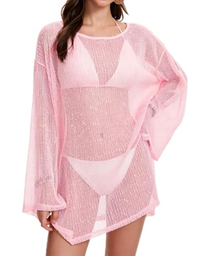 Pink Crochet Sheer Beach Coverup for Women with Sequin Details - Summer Slit Dress
