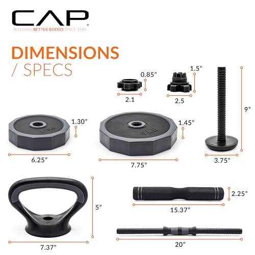 CAP Barbell 66 lb Multi-Use Adjustable Weight Set - Versatile Dumbbell, Barbell & Kettlebell for Full-Body Workouts | Gray