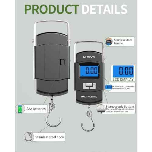 MEIYA Fish Scale 110lb/50kg Digital Fishing Scale with Backlit LCD, Portable Handle, Stainless Steel Hook & 2 AAA Batteries ? Reliable Fishing Gear & Great Fishing Gifts for Men