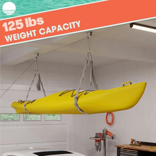 Kayak Storage Hoist System with Overhead Pulley for Garage or Shed
