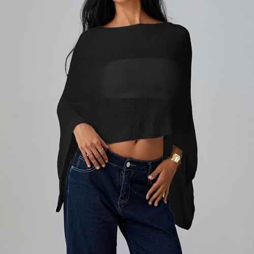 Women Sheer Poncho Top Lightweight Summer Cover Up Mesh Knit Crochet Shawl Trendy Pullover