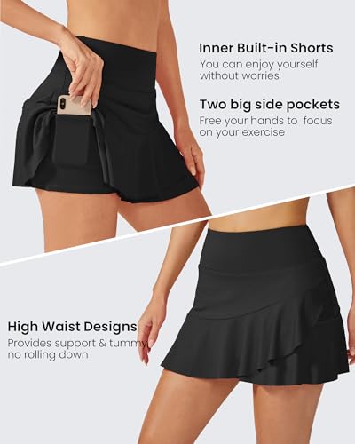 Large Black 15 Inch Tennis Skirt for Women with Pockets High Waist Ruffle Athletic Skort
