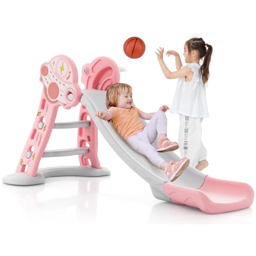BABY JOY Toddler Slide, 3 in 1 Folding Baby Slide Climber Playset, Freestanding Slide with Long Slipping Slope, Basketball Hoop, Indoor and Outdoor Playground for Kids Boys & Girls Gift Present