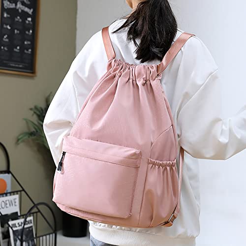 Pink Drawstring Backpack Sports Gym Bag Water Resistant Cinch Sack with Side Zipper Pocket
