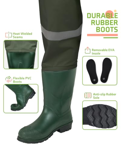 Kids Chest Waders with Boots - Youth Waterproof Fishing Waders for Boys, Green 8/9 Big Kid