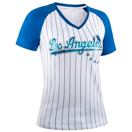 Womens City Baseball Pinstripe Fans Vintage Sporty V-Neck Tee Shirts - Royal & White