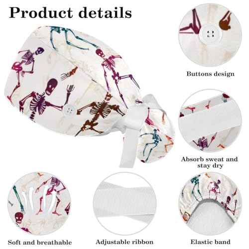 Women Working Cap with Buttons Bouffant Hat Autumn Leaves Nurse Scrub Caps Long Hair