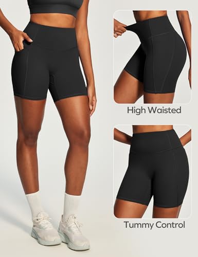 Medium Black Butt Lifting Biker Shorts Women Tummy Control Pockets High Waist Yoga Workout