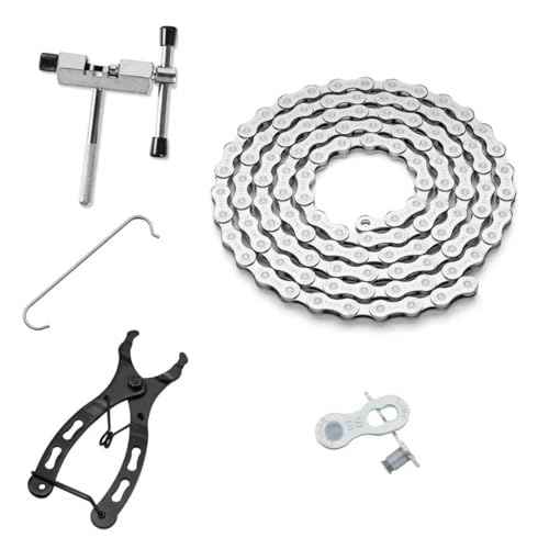 Bike Chain Kit, High Tensile Strength Bicycle Chain for Road/MTB Bike 6/7/8 Speed-Quick Buckle with Bike Link Plier -Hook - Chain Breaker - 116 Links - Dark Silver