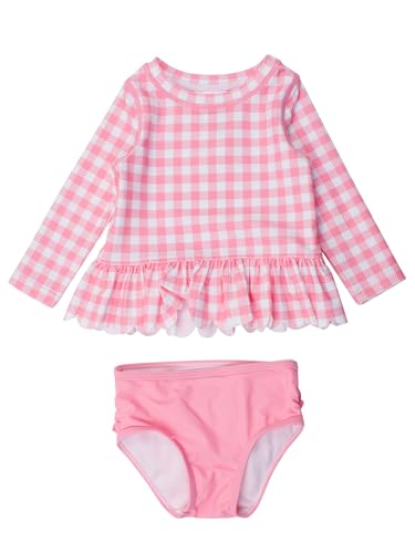 Girls Ruffle Hem Long Sleeve Rash Guard Set - 5T Bubblegum Pink Gingham UPF 50+ Swimwear