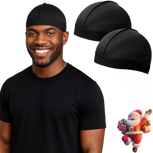 Adjustable Wave Cap for Men Black+Black - Elastic Stocking Cap for 360/540/720 Waves