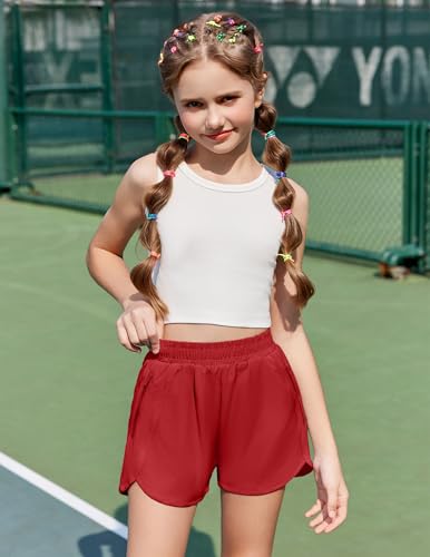 Girls Athletic Shorts with Zipper Pockets for Kids - Red, 9-10 Years
