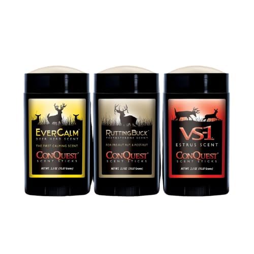 Conquest Scents Trio Hunter’s Package – Vs-1, RuttingBuck & EverCalm Deer Herd Scent Stick, Deer Attractant & Calming Scent, All-Season Hunting Wax Sticks, 2.5 oz