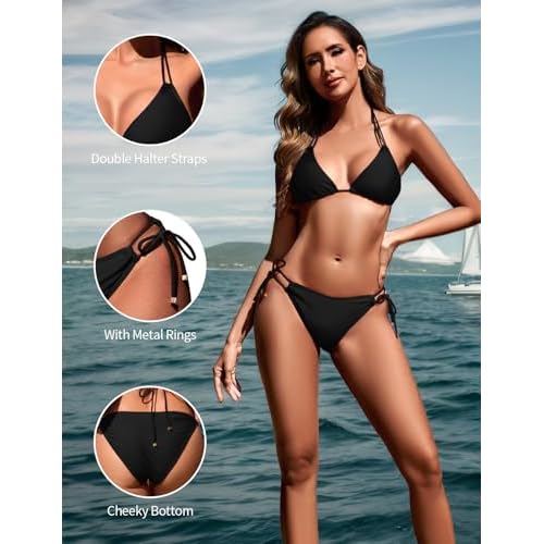 Zilcremo Women Two Piece Bikini Swimsuit Double Strap Cheeky Bathing Suit Halter String Bikini Sets