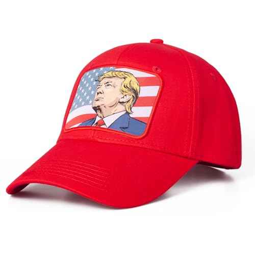 Trump Portrait Baseball Cap with American Flag Design - Red Patriotic Adjustable Hat for Men & Women