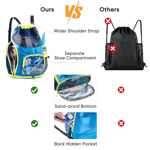 Neon Yellow & Blue Mesh Drawstring Swim Backpack with Shoe & Wet Pocket - Large Capacity