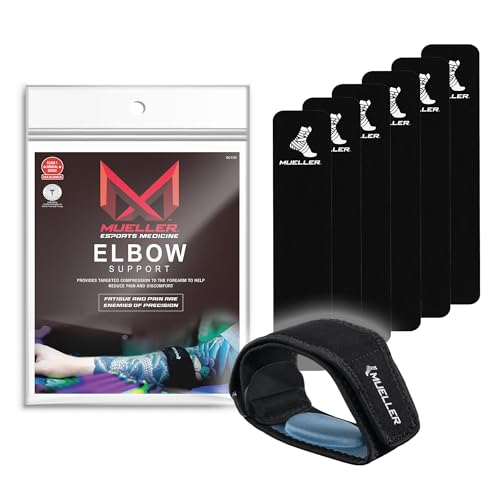 MUELLER Esports Medicine Adjustable Elbow Brace with Gel Pad for Men and Women, Elbow Pain Relief Support Sleeve, 6 KTape Strips Included, Ideal for Gamer's Console and Mouse Elbow, Black, One Size