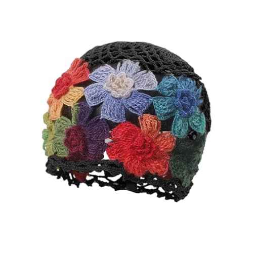 1Pcs Flower Crochet Vintage Beanie Hollow Hat Breathable Knitted Skull Hat Lightweight Elastic Knit Hats for Women (Flower Color Random) Multi