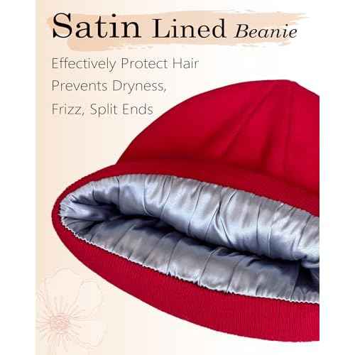 ROYBENS Satin Lined Beanie, 100% Cotton Beanies Hats for Men Women, Slouchy Knit Cuffed Winter Warm Soft Skull Cap Hat