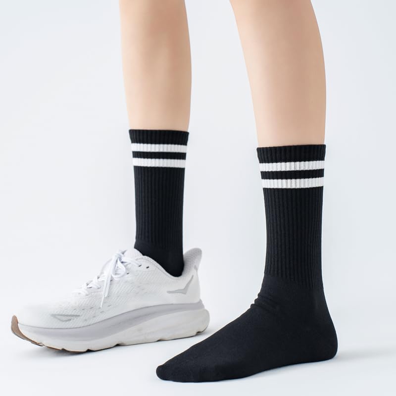 Women's Crew Socks – 4-Pack Cotton Athletic Socks with Stripes (Black) – 9-12, 4-pairs