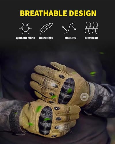 Tactical Gloves for Men Large Tan - Shooting & Motorcycle Gloves with Hard Shell Knuckle Protection Leather Palm