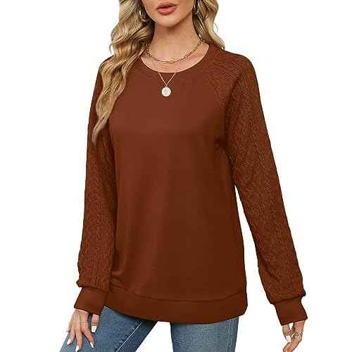 Saloogoe Sweatshirts for Women Crewneck Cable Knit Sleeve Sweaters Lightweight Fashion 2025