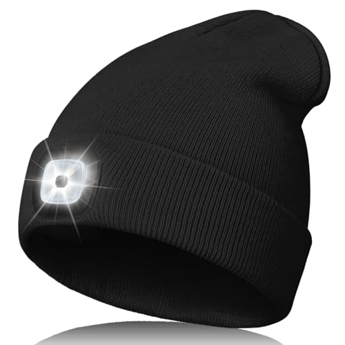 Unisex LED Beanie Hat with Light Rechargeable Warm Knitted Cap - Black