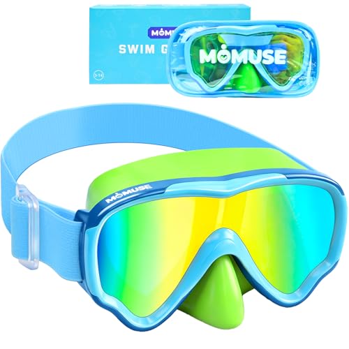 Kids Swim Goggles with Soft Fabric Strap & 3D No-Leak Nose Cover - Blue+Green