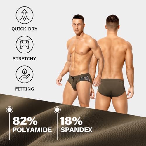 Men's Printed Swim Briefs - Arjen Kroos Pattern Bikini Swimsuit with Drawstrings, Lined Pouch - Army Green / Medium