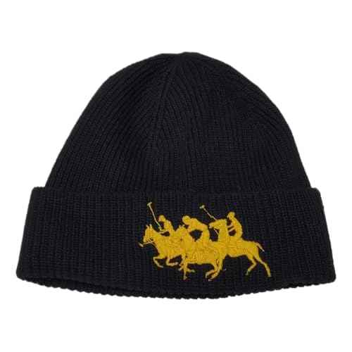 POLO RALPH LAUREN Men's Triple Pony Wool Blend Ribbed Cuff Beanie Hat (Polo Black, One Size)