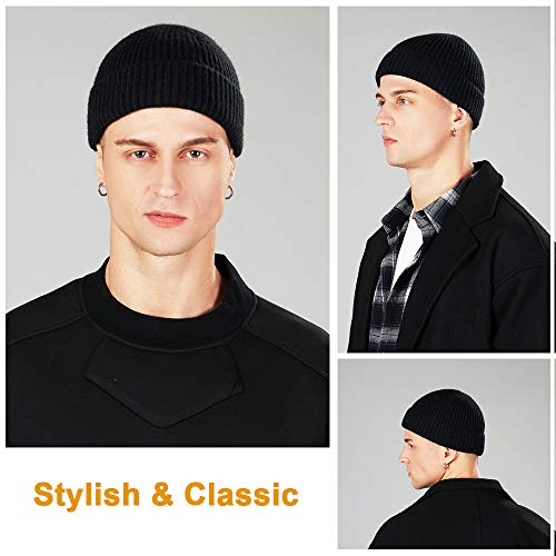 3 Pack Wool Fisherman Beanies for Men, Short Knit Watch Cap Cuffed Trawler Hats