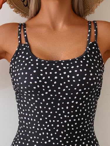 Eomenie Women's One Piece Swimdress Tummy Control Swimsuit Large Black Polka Dot