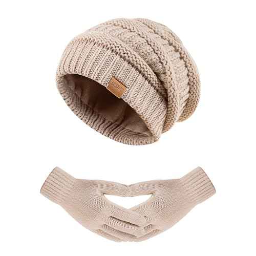 Women's Beanie Hat Gloves Set, Fleece Lined Winter Hat with Touchscreen Gloves for Cold Weather