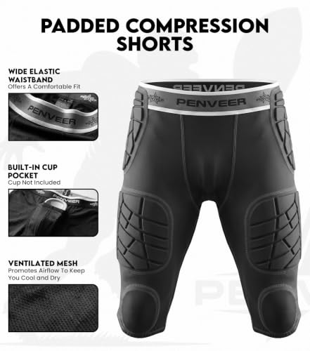 Youth Football Girdle with Cup Pocket & 7 Pads - Black Small