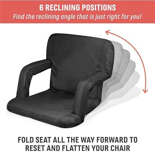 PICNIC TIME Ventura Portable Reclining Stadium Seat with Back Support, Folding Bleacher Chairs with Back and Cushion, Thick Padded Stadium Seat and Armrest, Includes Six Backrest Positions, (Burgundy)