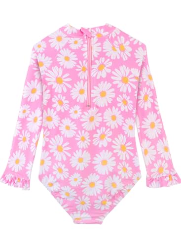 Pink Flower Long Sleeve Toddler Swimsuit with UPF 50+ Sun Protection - 4-5T