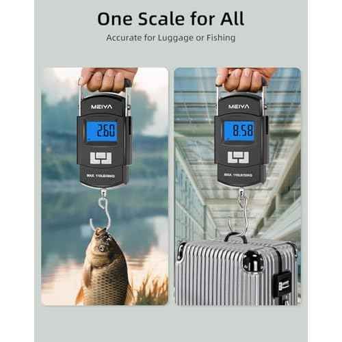 MEIYA Fish Scale 110lb/50kg Digital Fishing Scale with Backlit LCD, Portable Handle, Stainless Steel Hook & 2 AAA Batteries ? Reliable Fishing Gear & Great Fishing Gifts for Men