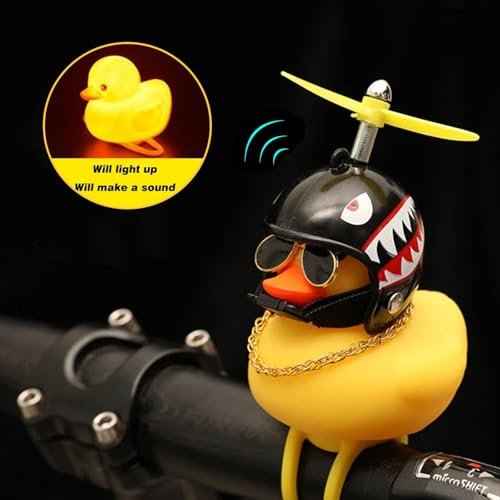 2 Pack Rubber Duck Car Ornaments, Yellow Duck Car Dashboard Decorations Squeeze Duck Bicycle Horns with Propeller Helmet,Bandage and Gold Chain