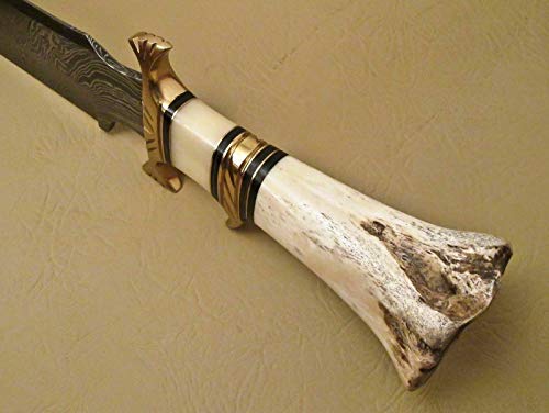 Kidsnado Damascus Steel Hunting Knife 15 Inch Fixed Blade with Camel Bone Handle White