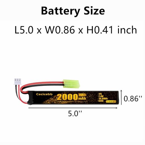 Cecicebb Airsoft Battery 7.4V 2000mAh 30C with Mini Tamiya Plug for Airsoft Model Guns Rechargeable 2S Lipo Battery 2 Pack with 7.4V USB Charger Cable