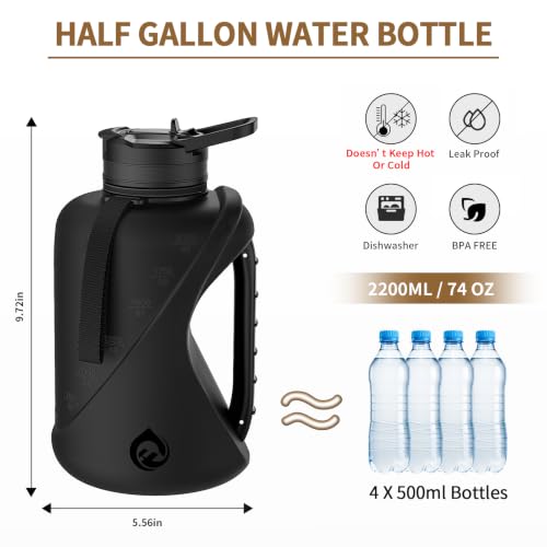 Black 74 Ounce Water Bottle with 2-in-1 Straw Lid BPA-Free Durable Plastic