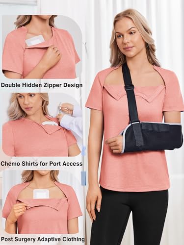 Chemo Port Access Shirt for Women with Hidden Side Zippers - Short Sleeve Post Surgery Top - Tangerine Pink, Large