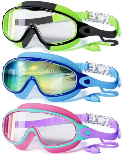 Kids Swimming Goggles Set 3 Pack with Earplugs Anti-Fog UV Wide View - Green, Blue, Purple SG003