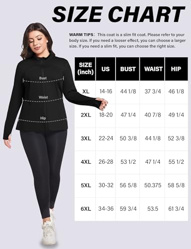 Plus Size Workout Jacket for Women - Lightweight Full Zip Yoga Top with Thumb Holes - Black, XX-Large