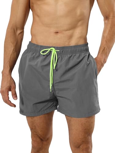 Men's Quick Dry Breathable Nylon Swim Trunks with Liner & Pockets - Medium Grey