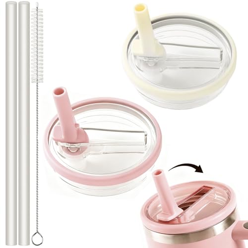 Cream & Pink 2 Pack 40oz Flip Straw Lid for Hydrojug Tumbler Replacement with Straws & Brush