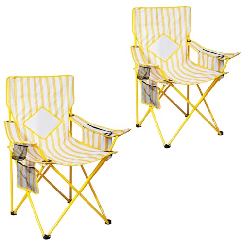 Outdoor Camping Chair with Cooler Pouch Foldable Portable Mesh Backrest Yellow 2 Pack