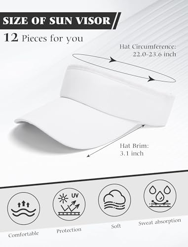 White Sun Visor Hats Pack of 12 Adjustable UV Protection Caps for Men Women