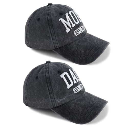 2PCS Est 2025 Mom and Dad Hats for New Parents Gifts, Adjustable Embroidered Baseball Caps Set for Mothers Fathers Day