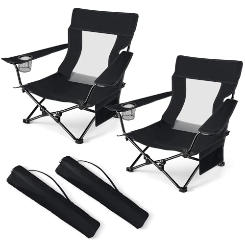Folding Camping Lawn Chair - Black, Oversized, 600D Oxford Fabric, 2 Pack